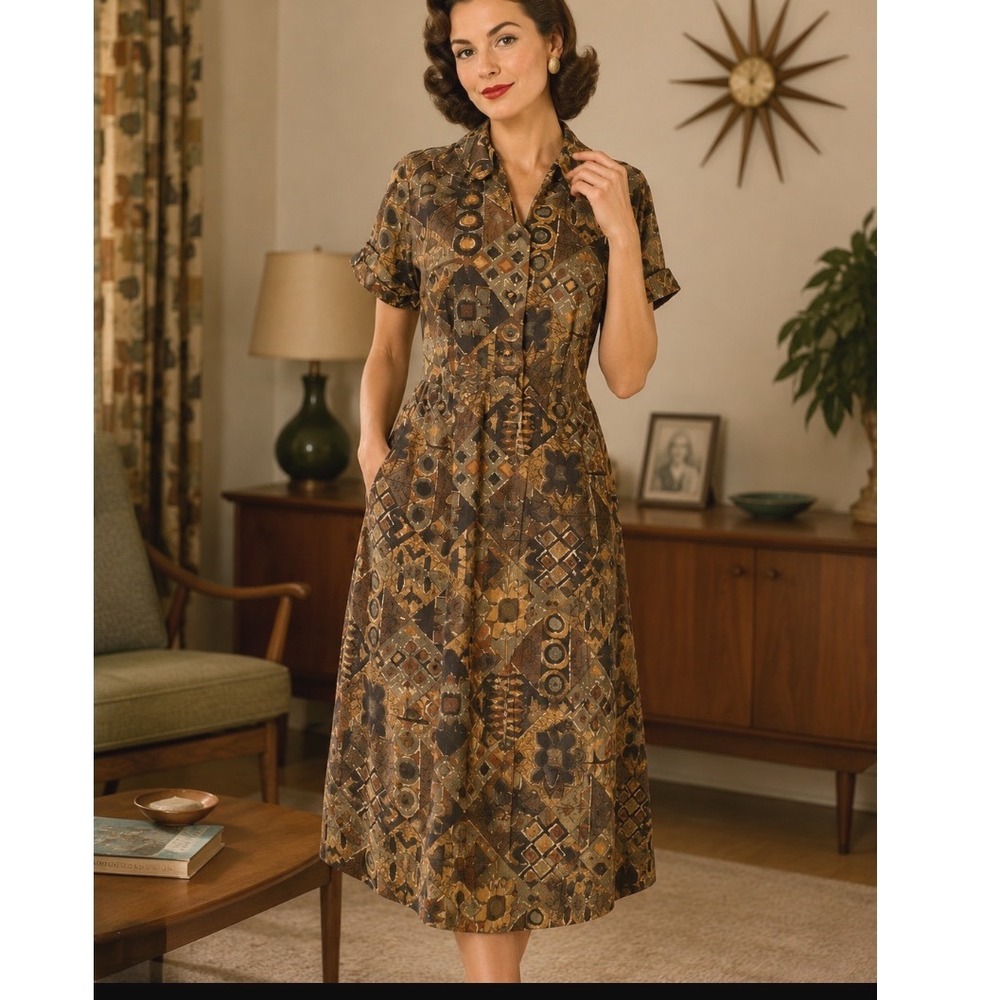 Vtg 50's Abstract Geometric Print Shirt Dress Earth Tone Button Front Midi Dress